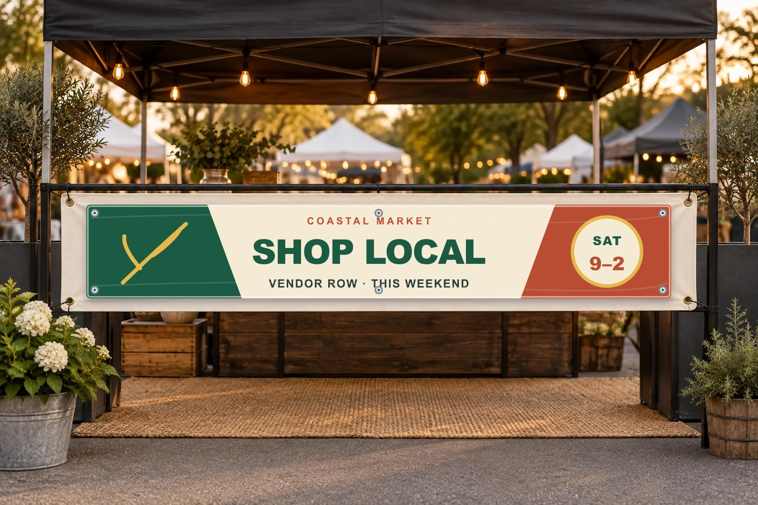 Illustrative vinyl banner concept: Weekend market · vendor row