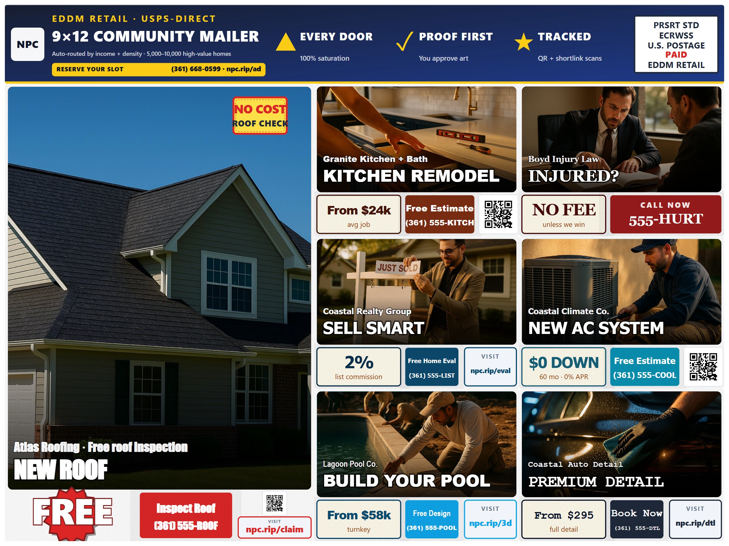 Sample 9×12 neighborhood postcard with 8 local-business ads